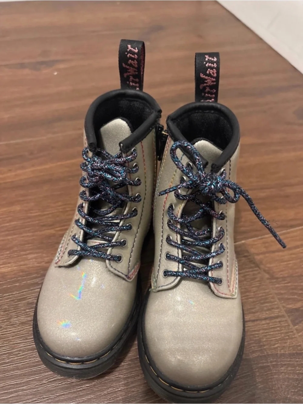 Dr. Martens Kids Glitter Lace-Up Ankle Boots in Champagne Silver